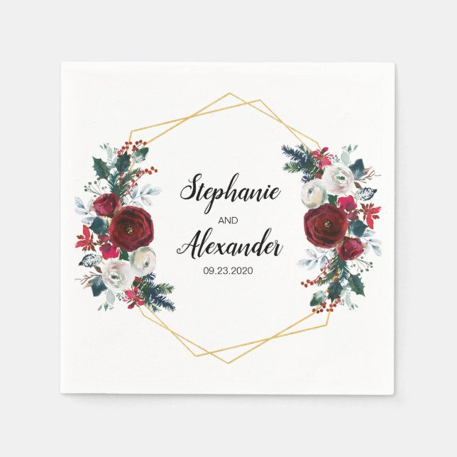 Geometric Guld Ram Burgundy Winter Flowers Pappersservett (Framsidan)