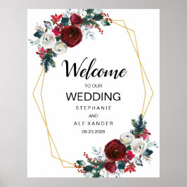 Geometric Guld Ram Burgundy Winter Flowers Poster