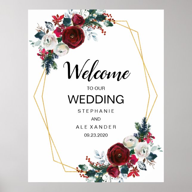 Geometric Guld Ram Burgundy Winter Flowers Poster (Framsidan)