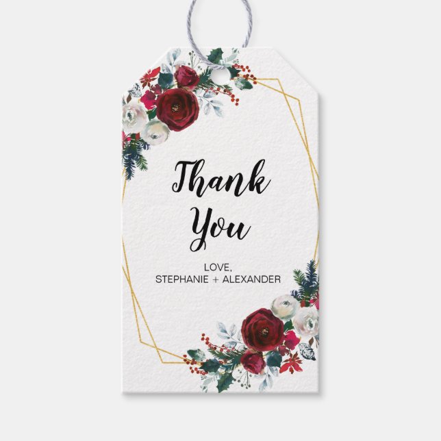 Geometric Guld Ram Burgundy Winter Flowers Presentetikett (Framsidan)