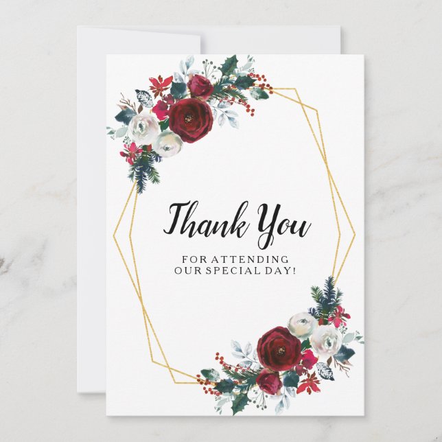 Geometric Guld Ram Burgundy Winter Flowers Tack Kort (Framsida)