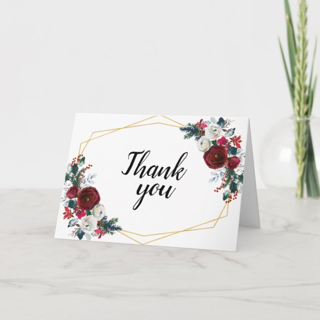 Geometric Guld Ram Burgundy Winter Flowers Tack Kort (Framsida)
