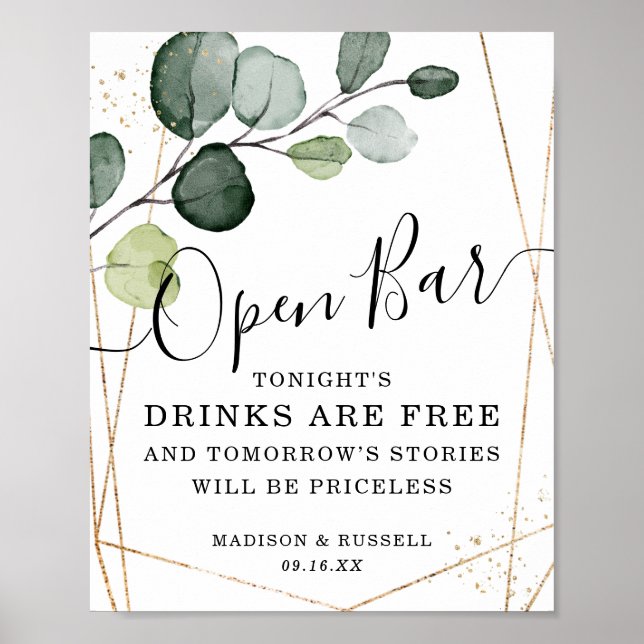 Geometric Guld Ram Eucalyptus Open Pub-tecken Poster (Framsidan)