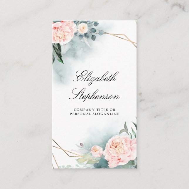 Geometric Guld Ram och Rosa Peonies Greenery Visitkort (Framsida)