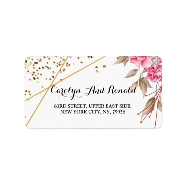 Geometric Guld Ram Rosa Blommigt Adressetikett (Framsidan)