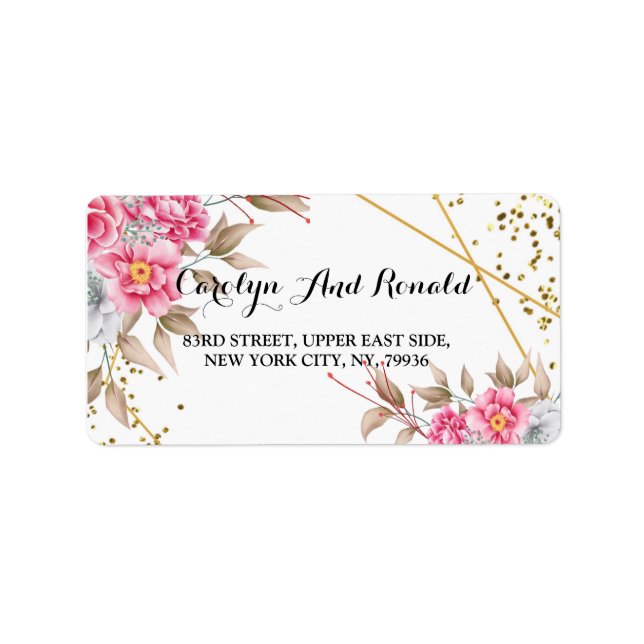 Geometric Guld Ram Rosa Blommigt Adressetikett (Framsidan)