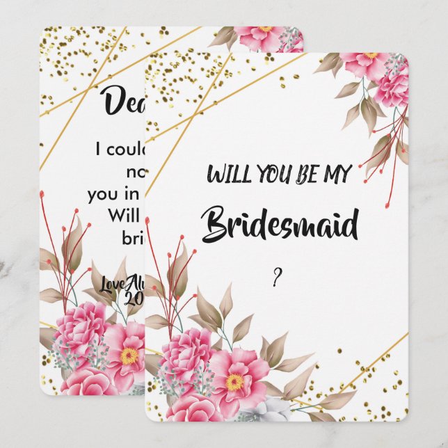 Geometric Guld Ram Rosa Blommigt  Bridesmaid Inbjudningar (Fram/baksida)