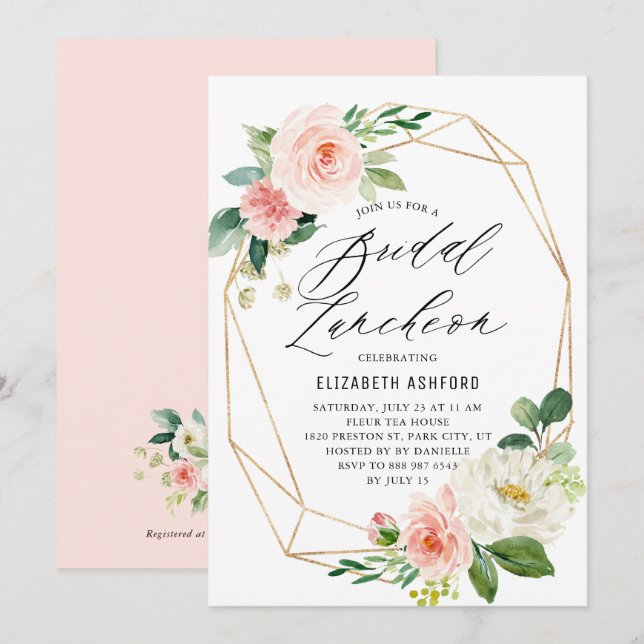 Geometric Guld Ram Rosa Blommigt Möhippa Luncheon Inbjudningar (Fram/baksida)