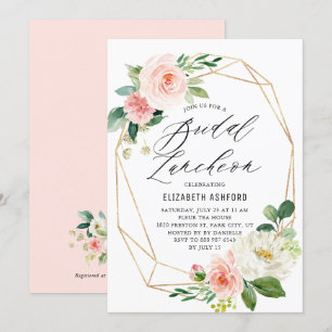 Geometric Guld Ram Rosa Blommigt Möhippa Luncheon Inbjudningar