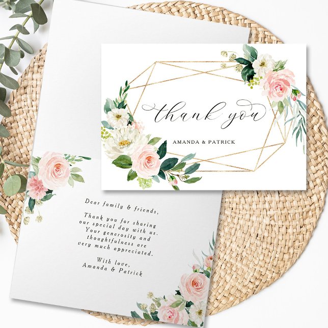 Geometric Guld Ram  Rosa Blommigt Tack Kort (Front & Inside)