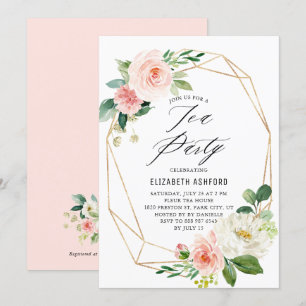 Geometric Guld Ram Rosa Blommigt Tea Party Inbjudningar