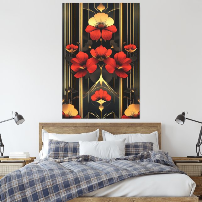 Geometric Guld & Red Blommigt Deco Canvastryck (Insitu (sovrum))