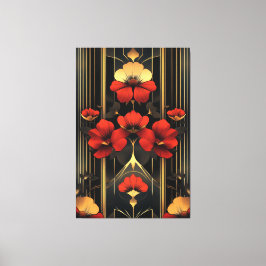 Geometric Guld & Red Blommigt Deco Canvastryck