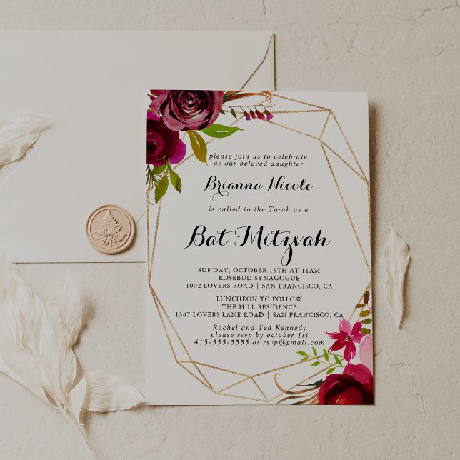 Geometric Guld Rustic  Burgundy Bat mitzvah Inbjudningar (Skapare uppladdad)