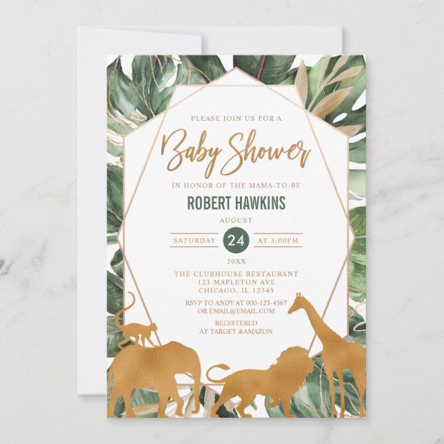 Geometric Guld Safari Animals Jungle Baby Shower Inbjudningar (Framsida)