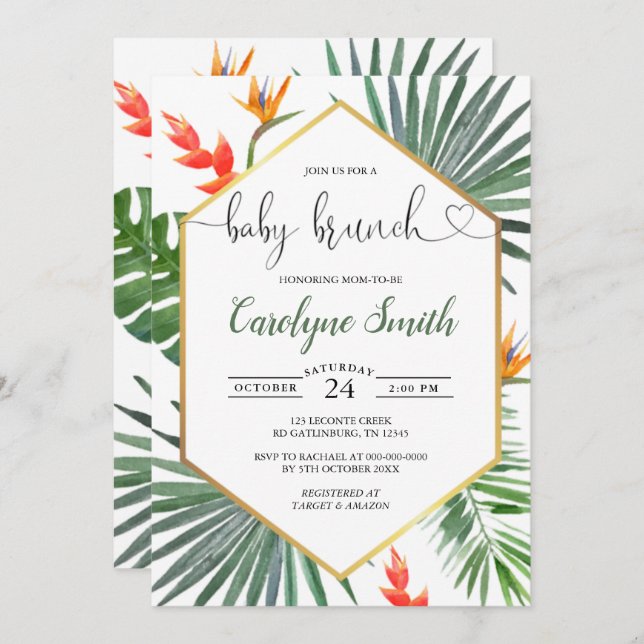 Geometric Guld Tropical Gender Neutral Baby Brunch Inbjudningar (Fram/baksida)