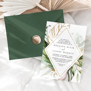Geometric Guld Tropical Greenery Diamond Bröllop Inbjudningar