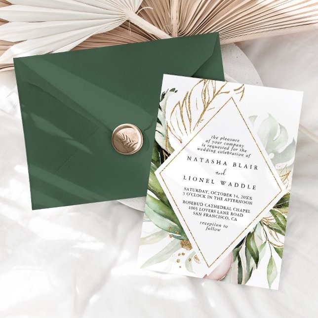 Geometric Guld Tropical Greenery Diamond Bröllop Inbjudningar (Skapare uppladdad)