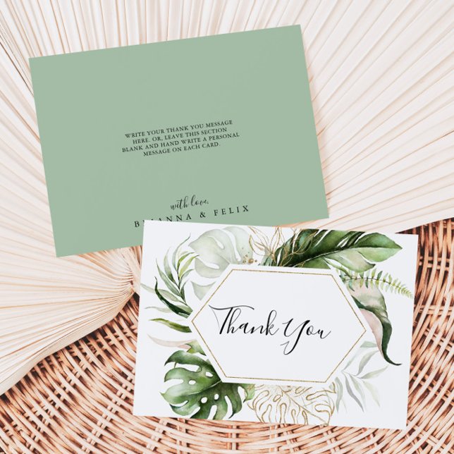 Geometric Guld Tropical Greenery Flat Bröllop Tack Kort (Skapare uppladdad)