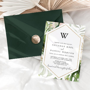 Geometric Guld Tropical Greenery Monogram Bröllop Inbjudningar