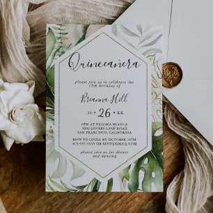 Geometric Guld Tropical Greenery Quinceañera Inbjudningar
