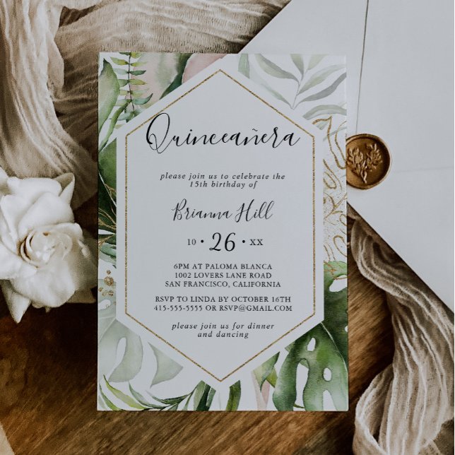 Geometric Guld Tropical Greenery Quinceañera Inbjudningar (Skapare uppladdad)