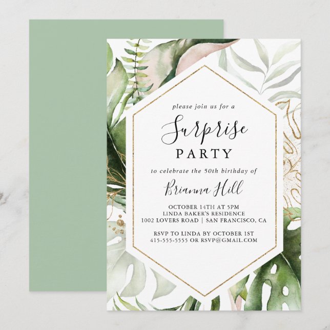 Geometric Guld Tropical Greenery Surprise Party Inbjudningar (Fram/baksida)