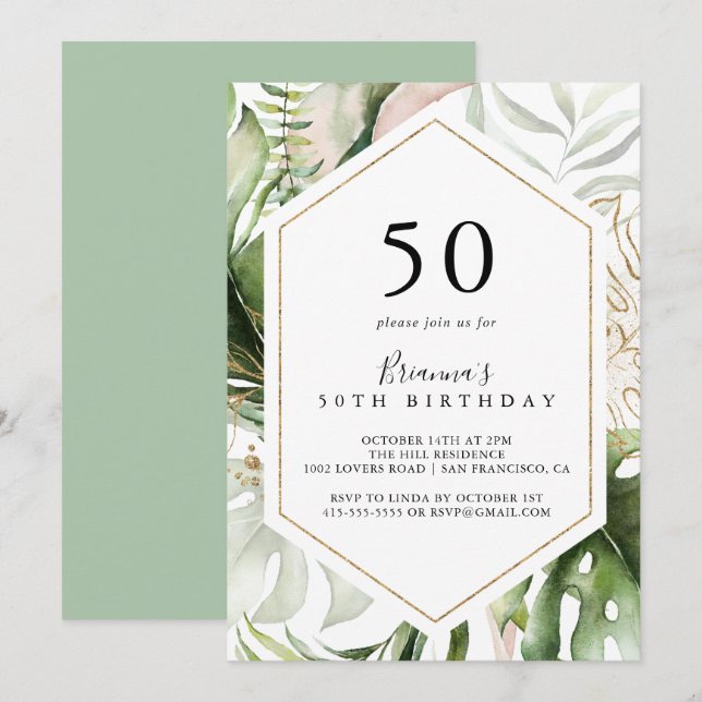 Geometric Guld Tropical Grönt 50:e Födelsedagsfest Inbjudningar (Fram/baksida)