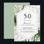 Geometric Guld Tropical Grönt 50:e Födelsedagsfest Inbjudningar<br><div class="desc">Denna geometriska guld-tropiska grönt 50:e födelsedagsfest inbjudan är perfekt för ett elegant födelsedagsfest. Utformningen har handmålad vattenfärg guld och grönt handflatan och banan löv med rosa blommor som buntas till buketter,  med tillägg av ett geometriskt ram.</div>