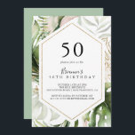 Geometric Guld Tropical Grönt 50:e Födelsedagsfest Inbjudningar<br><div class="desc">Denna geometriska guld-tropiska grönt 50:e födelsedagsfest inbjudan är perfekt för ett elegant födelsedagsfest. Utformningen har handmålad vattenfärg guld och grönt handflatan och banan löv med rosa blommor som buntas till buketter,  med tillägg av ett geometriskt ram.</div>