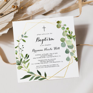 Geometric Guld Tropical Grönt Calligraphy Baptism Inbjudningar