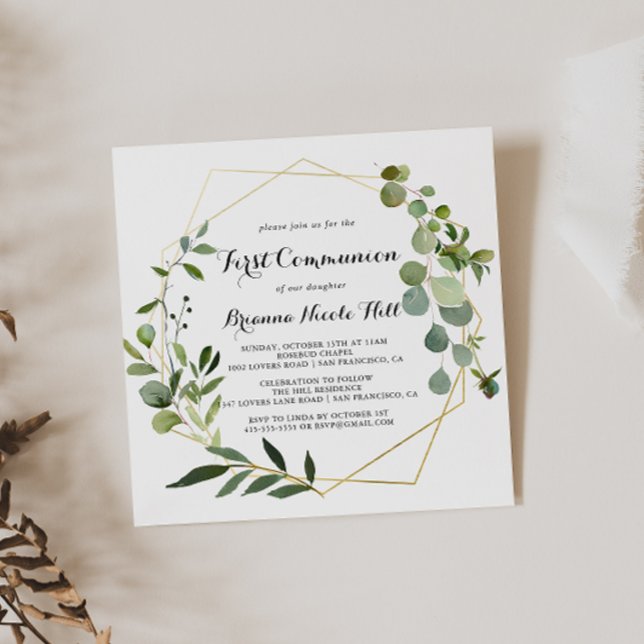Geometric Guld Tropical Grönt First Communion Inbjudningar (Skapare uppladdad)