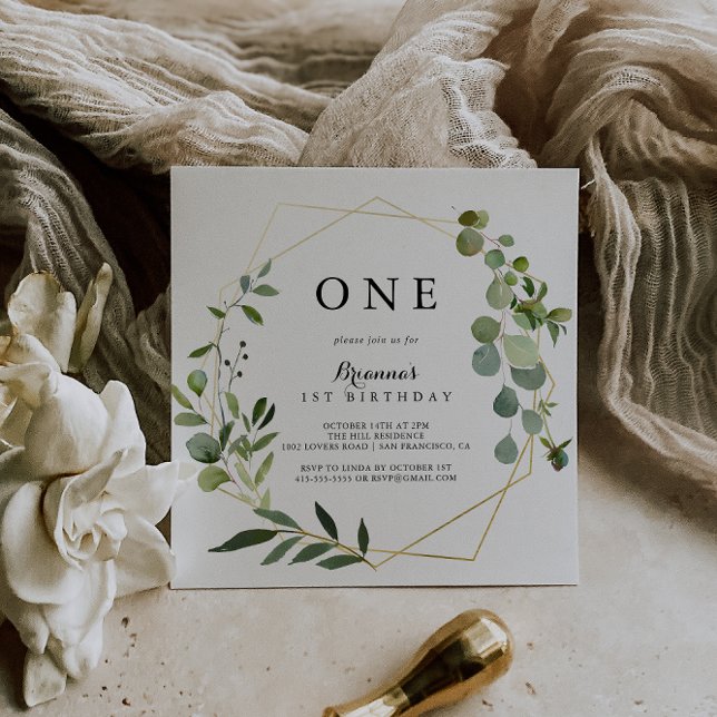 Geometric Guld Tropical Grönt First Födelsedagsfes Inbjudningar (Skapare uppladdad)