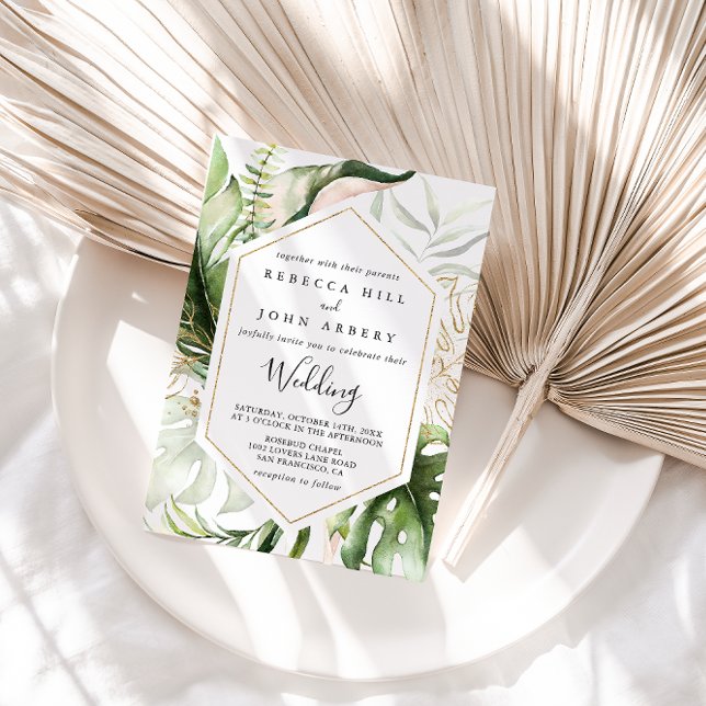 Geometric Guld Tropical Grönt Front & Back Bröllop Inbjudningar (Skapare uppladdad)