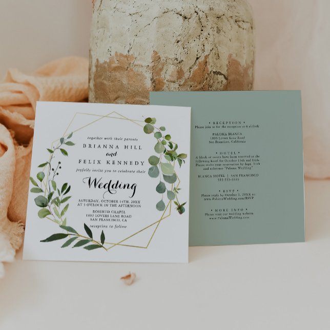 Geometric Guld Tropical Grönt Front & Back Bröllop Inbjudningar (Skapare uppladdad)