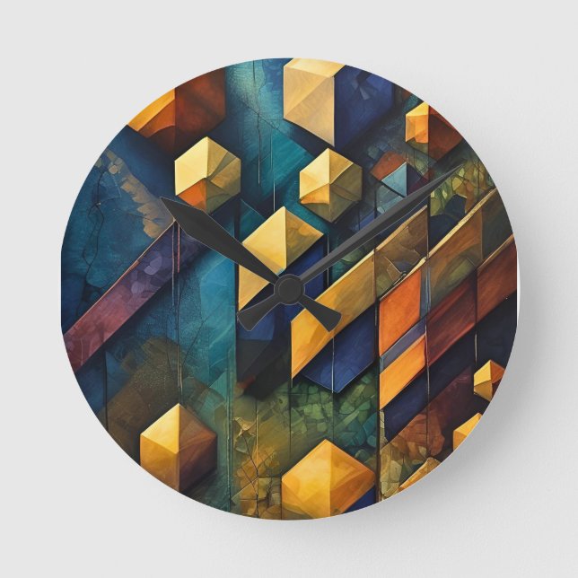 Geometric Harmony: Abstract Cubes in Gold and Teal Rund Klocka (Framsida)