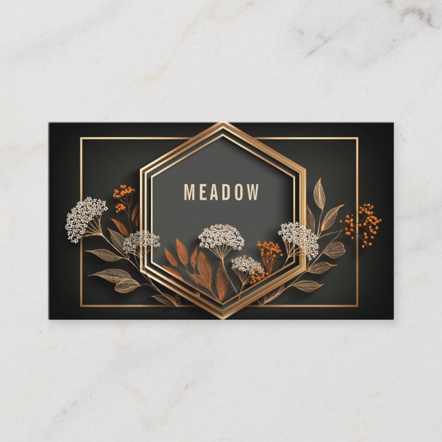 Geometric Hexagon Gold Floral Midnight Black Visitkort (Framsida)