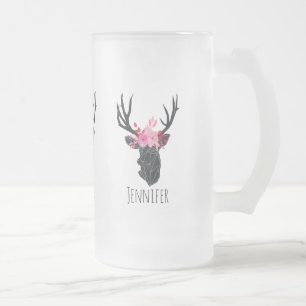 Geometric Hjort Head med Blommigt Krona Frostat Ölglas