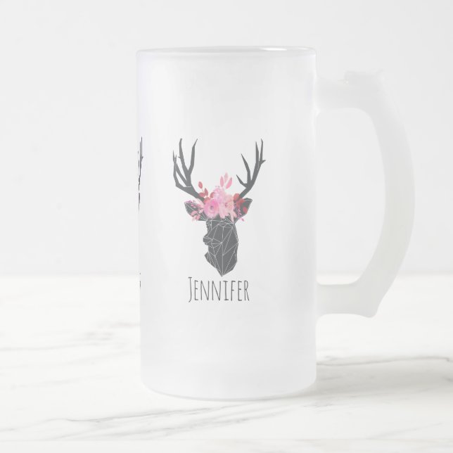 Geometric Hjort Head med Blommigt Krona Frostat Ölglas (Höger)