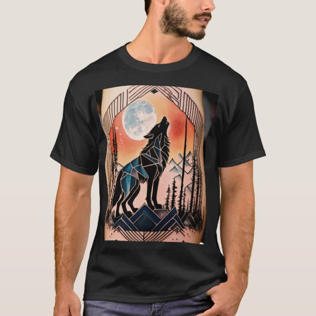 Geometric Howling Varg Tattoo with Night Ligcape T Shirt (Framsida)