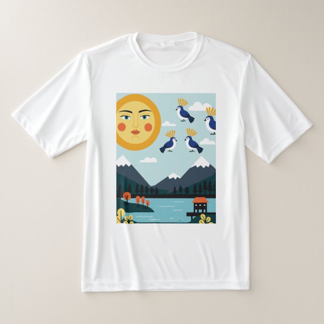 Geometric illustration depicting Birds hanging in  T Shirt (Laydown)