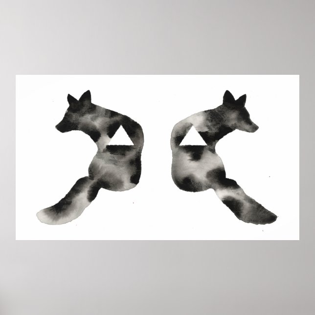 Geometric Inkblot Fox Triangle Black White Modern Poster (Framsidan)