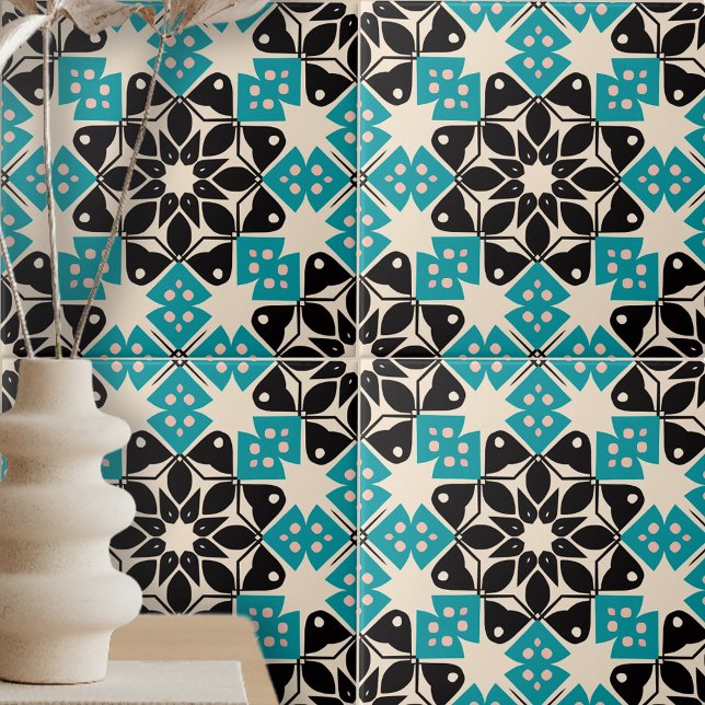 Geometric Kaleidoscopic Teal Blue White Mosaic Kakelplatta (Skapare uppladdad)