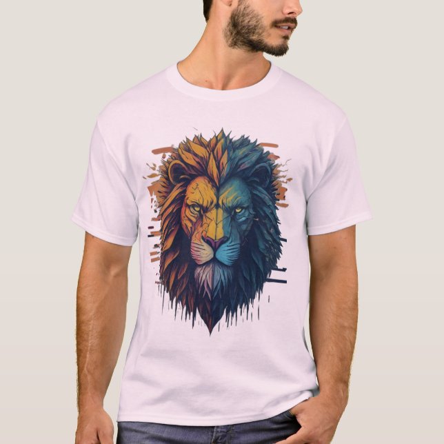 Geometric Lejon Glitch Art T-Shirt (Framsida)