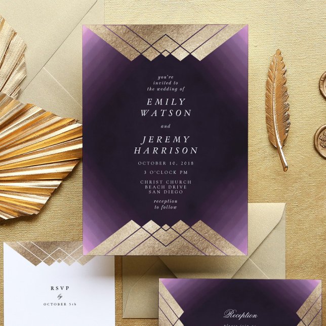 Geometric Lila Guld Gatsby Wedding bjudande Inbjudningar (Skapare uppladdad)