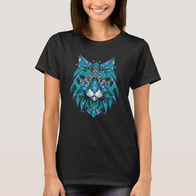 Geometric Line Art Maine Coon Cat Head Spiritual C T Shirt (Framsida)