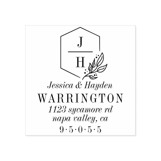 Geometric Löv Monogram Ram | BRÖLLOP ADRESS Stämpel (Tryck)