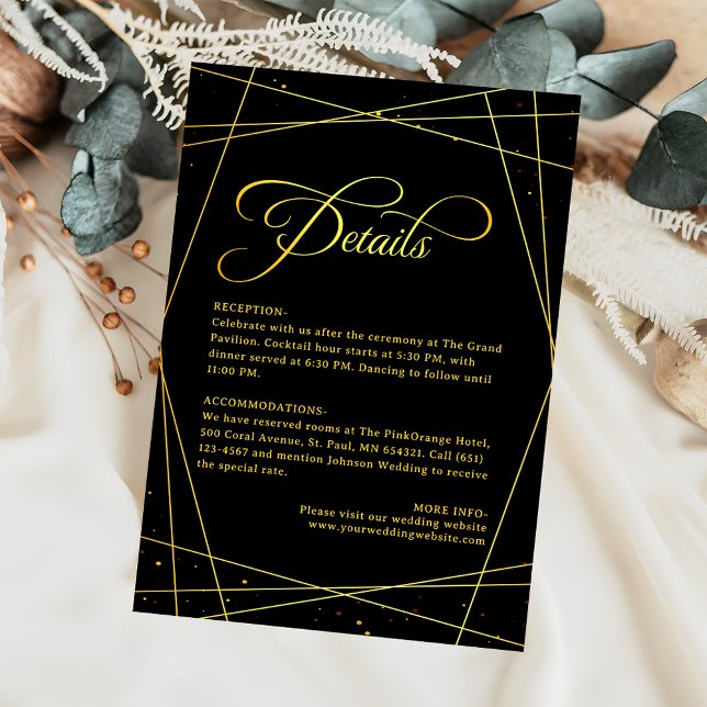 Geometric Luxury Black & Gold Wedding Details Tilläggskort (Skapare uppladdad)