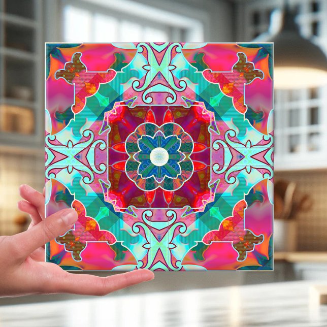 Geometric Lycklig Fantasy Abstract Design Tile Kakelplatta (Tile featuring an abstract geometric kaleidoscope pattern inspired in a variety of colors)