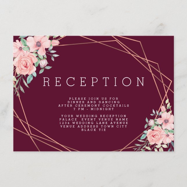 Geometric Marsala Copper Blommigt Wedding Receptio Tilläggskort (Framsida)